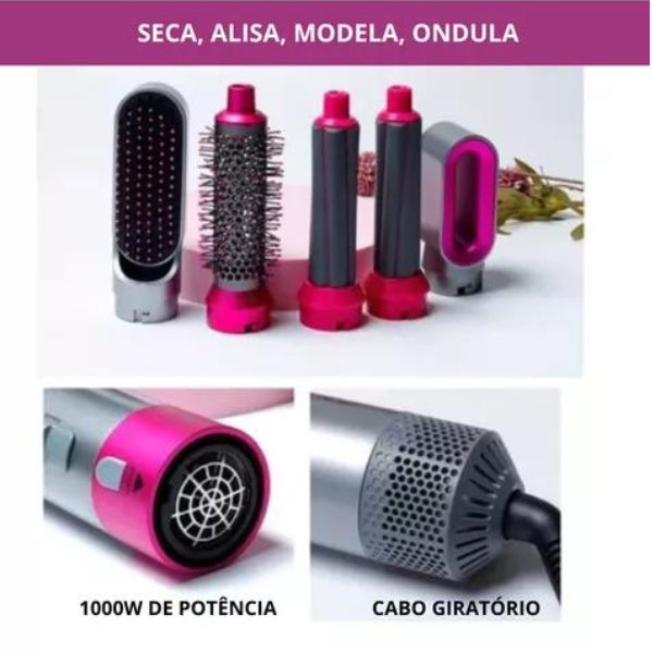 Escova Alisadora 5 em 1 Alisa, Seca, Hidrata, Modela, Anti-Frizz, Bivolt - MIMOSFEMININO