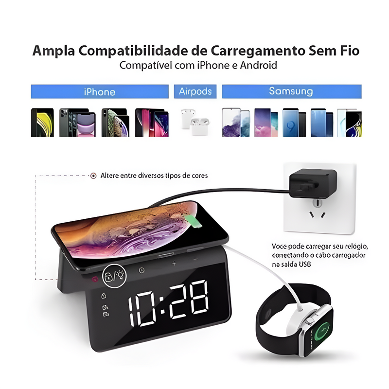 Relógio Despertador + Carregador Indução - (PRETO)