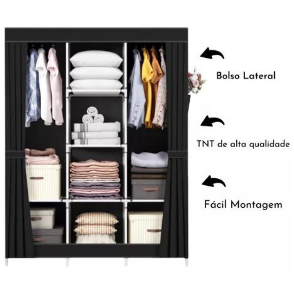 Guarda Roupa Dobrável 2 Portas Para Organizar Roupa (PRETO)